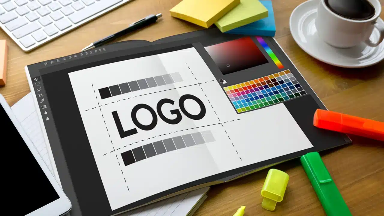 Elemen desain logo seperti warna tipografi dan simbol untuk branding bisnis